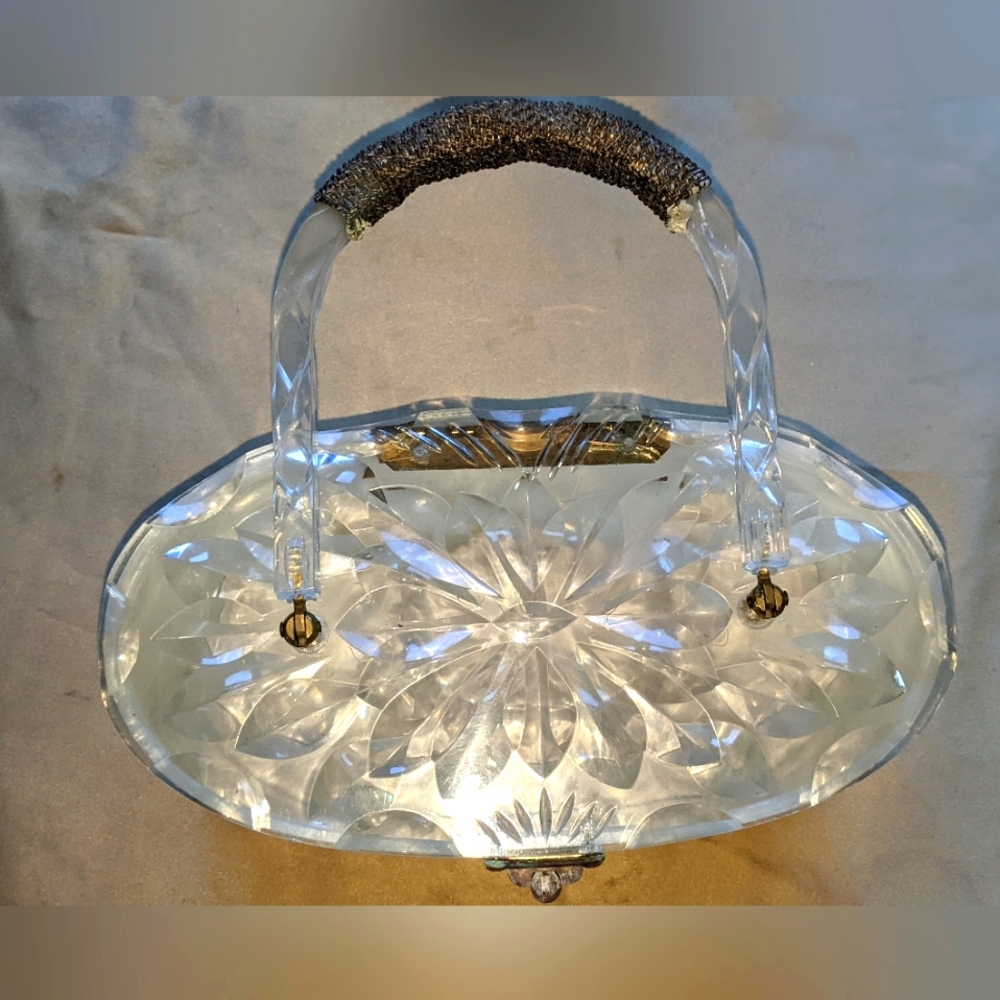 Lucite confetti style handbag - clear, gold, w brown wrap handle. Antique 1950's